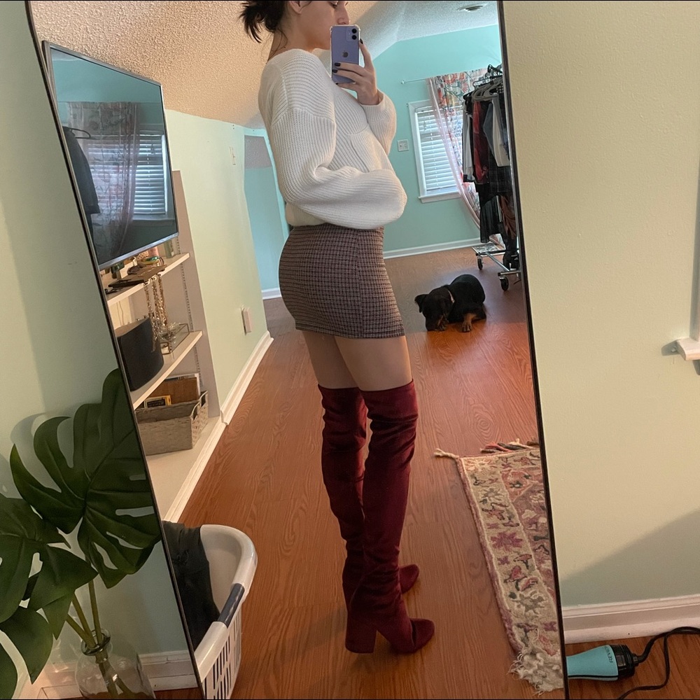 Red thigh high boots